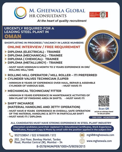 Urgent Hiring for Steel Plant in Oman – Apply Now