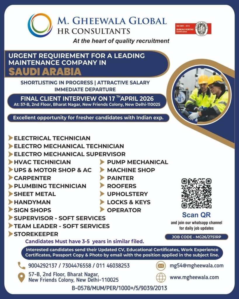 Urgent Maintenance Jobs in Saudi Arabia – Technicians, Supervisors & Skilled Workers Hiring (2026)