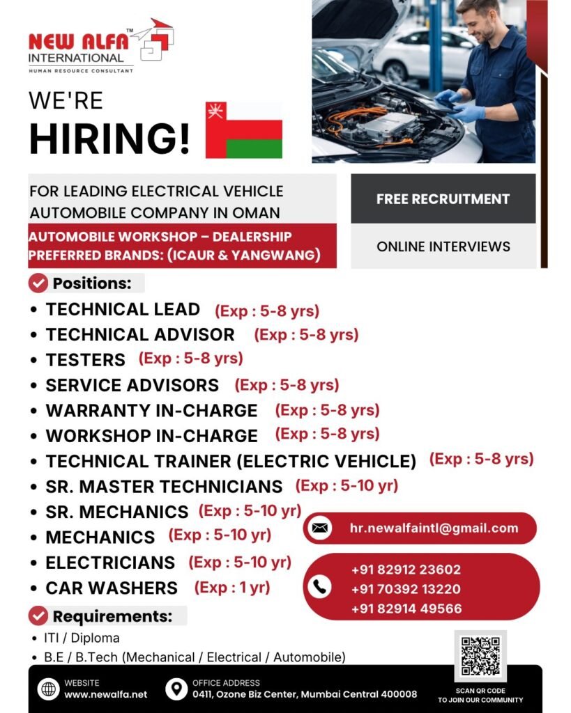 Oman Jobs 2026 – Electric Vehicle Company Hiring Technical & Workshop Staff | Free Recruitment Oman Jobs 2026 – Electric Vehicle Company Hiring Technical & Workshop Staff | Free Recruitment