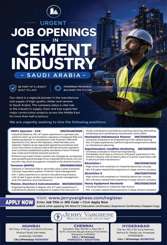 Urgent Job Openings in Cement Industry - Saudi Arabia 