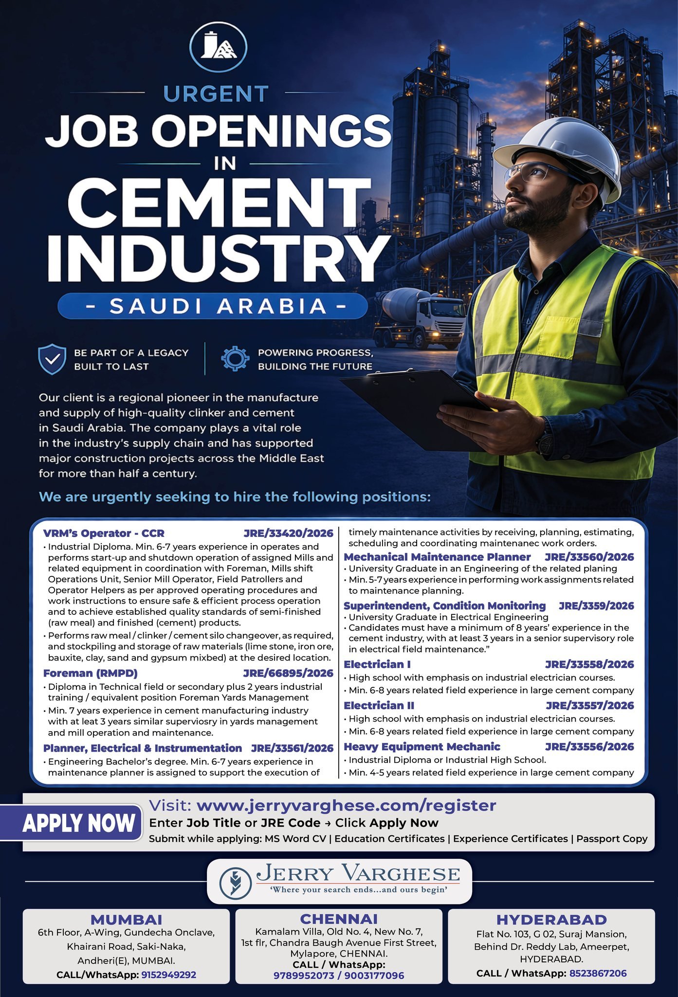Urgent Job Openings in Cement Industry - Saudi Arabia 