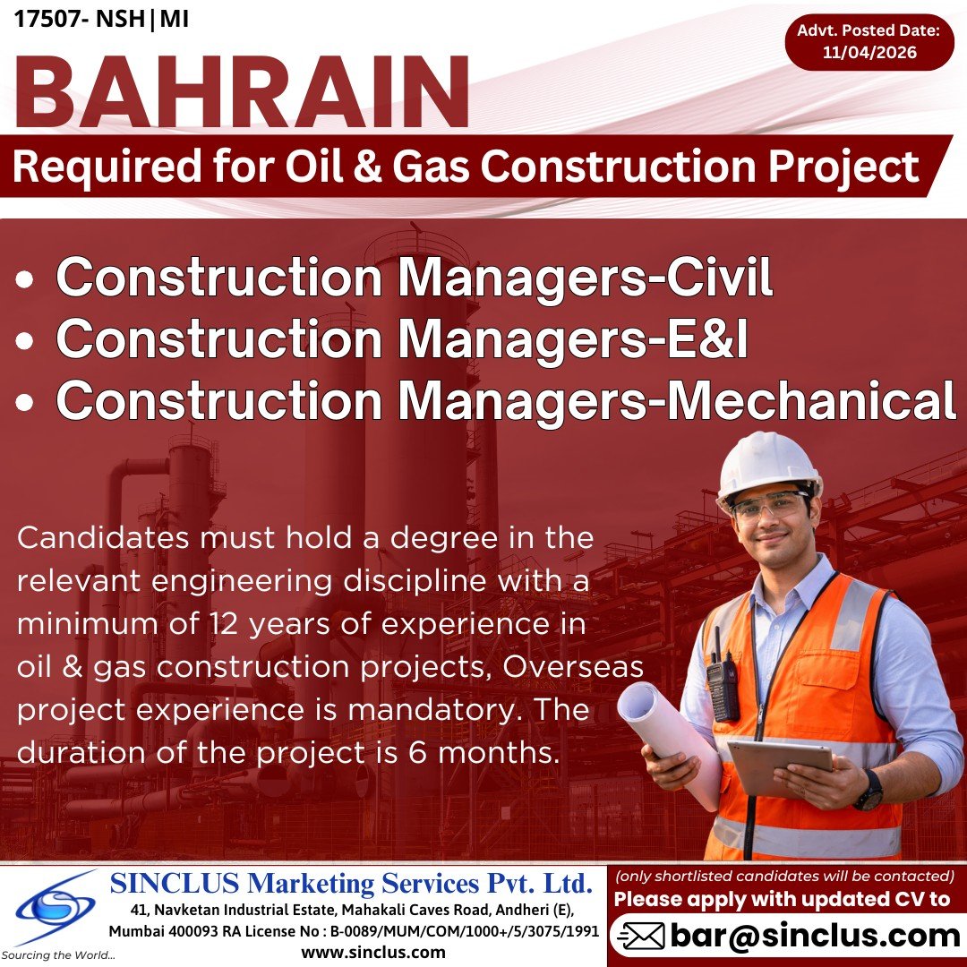Bahrain Jobs 2026 – Oil & Gas Construction Project