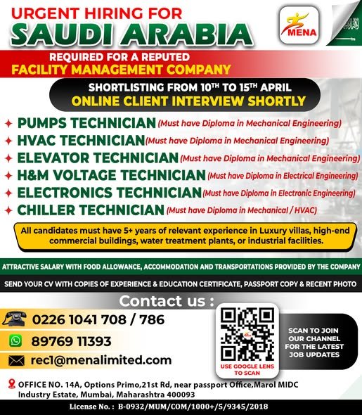 Urgent Hiring For Saudi Arabia Reputed Facility Management Company