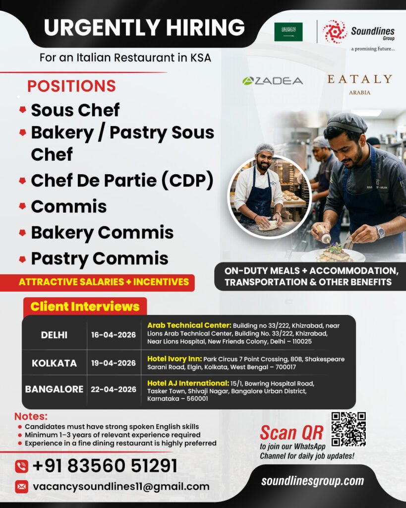 Hiring For an Italian Restaurant in Saudi Arabia
