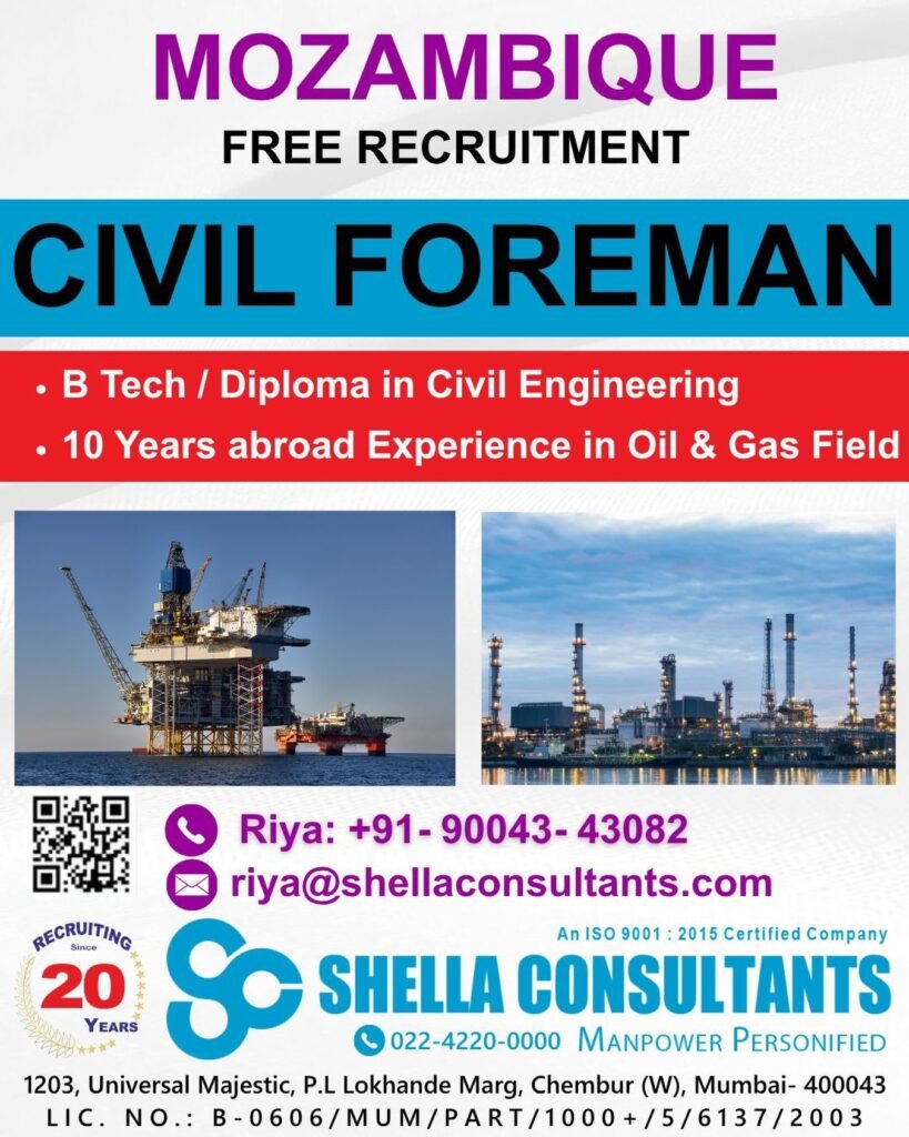 Mozambique Jobs 2026 – Civil Foreman (Oil & Gas) | Free Recruitment | Apply Now Mozambique Jobs 2026 – Civil Foreman (Oil & Gas) | Free Recruitment | Apply Now