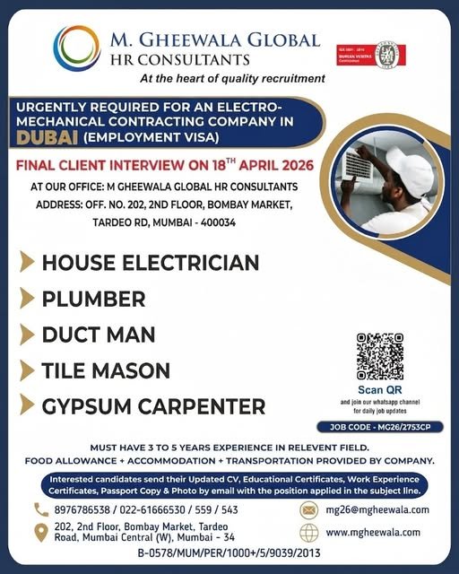 Urgent Dubai Job Vacancies – Electro-Mechanical Company Urgent Dubai Job Vacancies – Electro-Mechanical Company