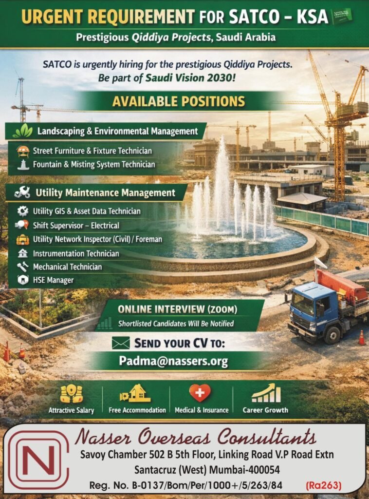 Urgent Hiring for SATCO – Qiddiya Project, Saudi Arabia