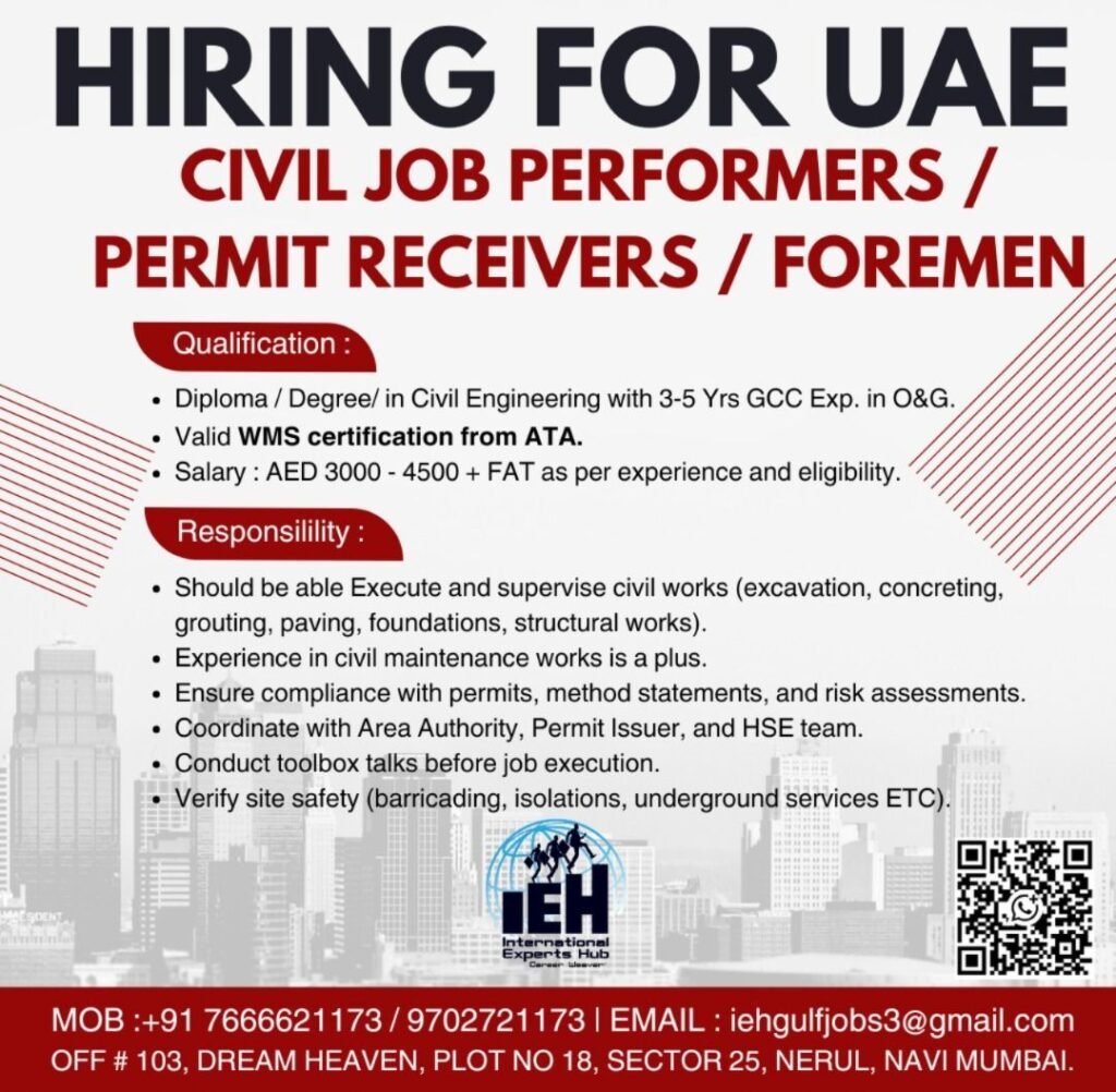 UAE Jobs 2026 – Civil Job Performers, Permit Receivers & Foremen | Apply Now UAE Jobs 2026 – Civil Job Performers, Permit Receivers & Foremen | Apply Now