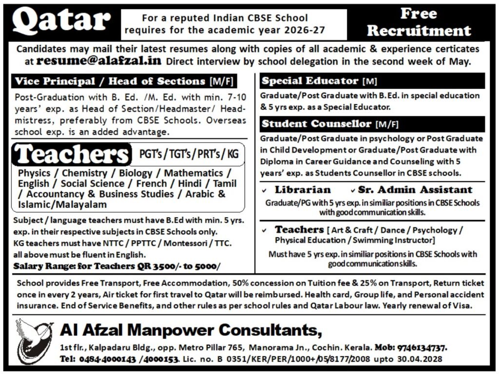 Qatar CBSE School Job Vacancies 2026-27 - Apply Now