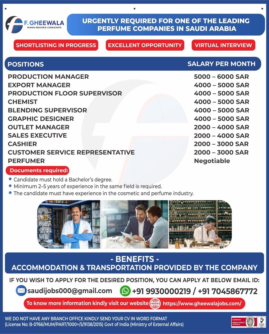 Urgent Hiring for Leading Perfume Company in Saudi Arabia