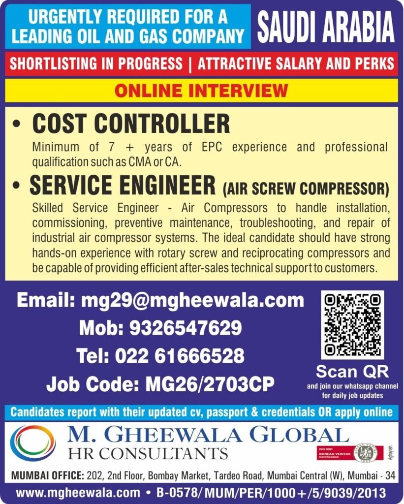 Oil and Gas Jobs in Saudi Arabia – Cost Controller & Service Engineer Vacancies 2026