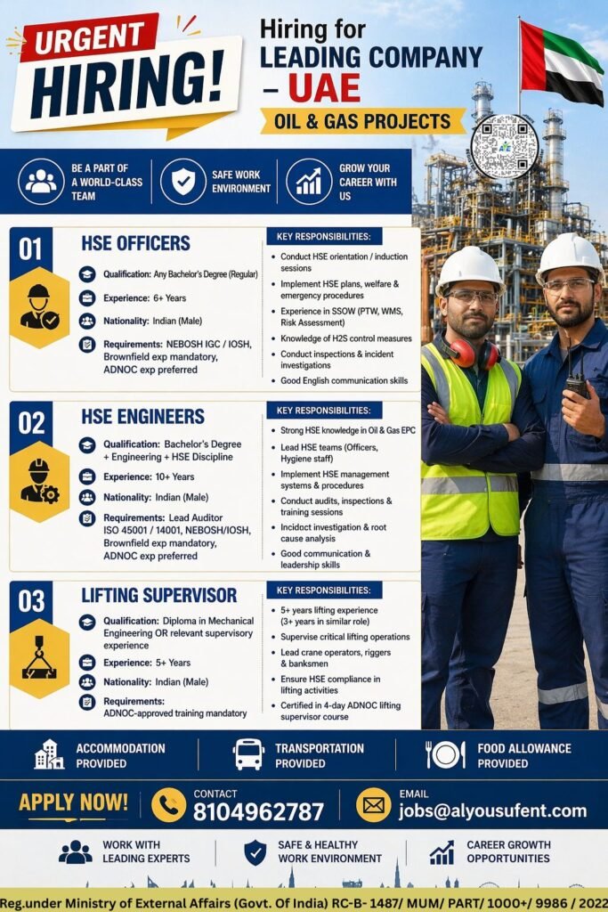 UAE Oil & Gas Jobs 2026 – HSE Officers, Engineers & Lifting Supervisor | Apply Now