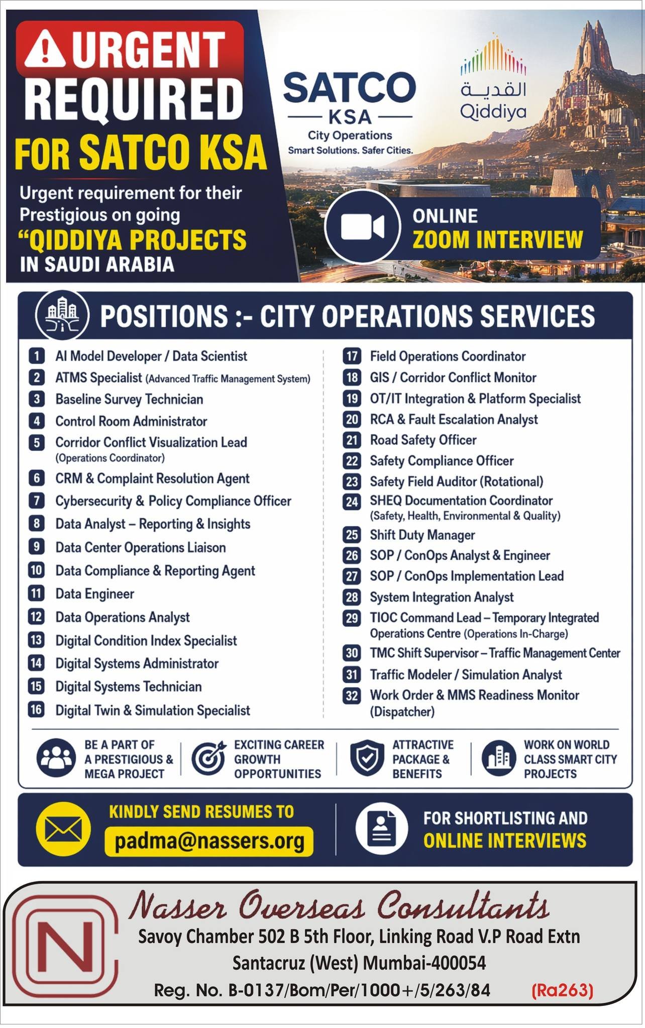 Urgent Hiring for SATCO Saudi Arabia – Qiddiya Smart City Project