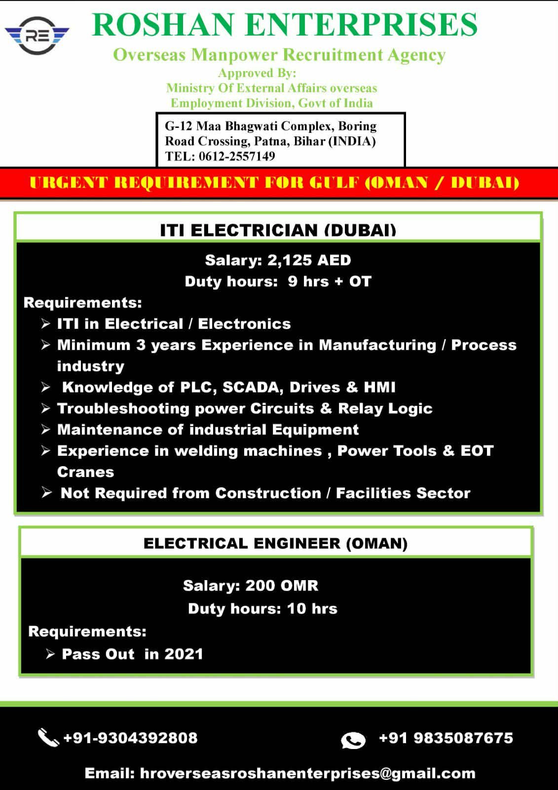 Gulf Jobs 2026 – ITI Electrician (Dubai) & Electrical Engineer (Oman) | Apply Now