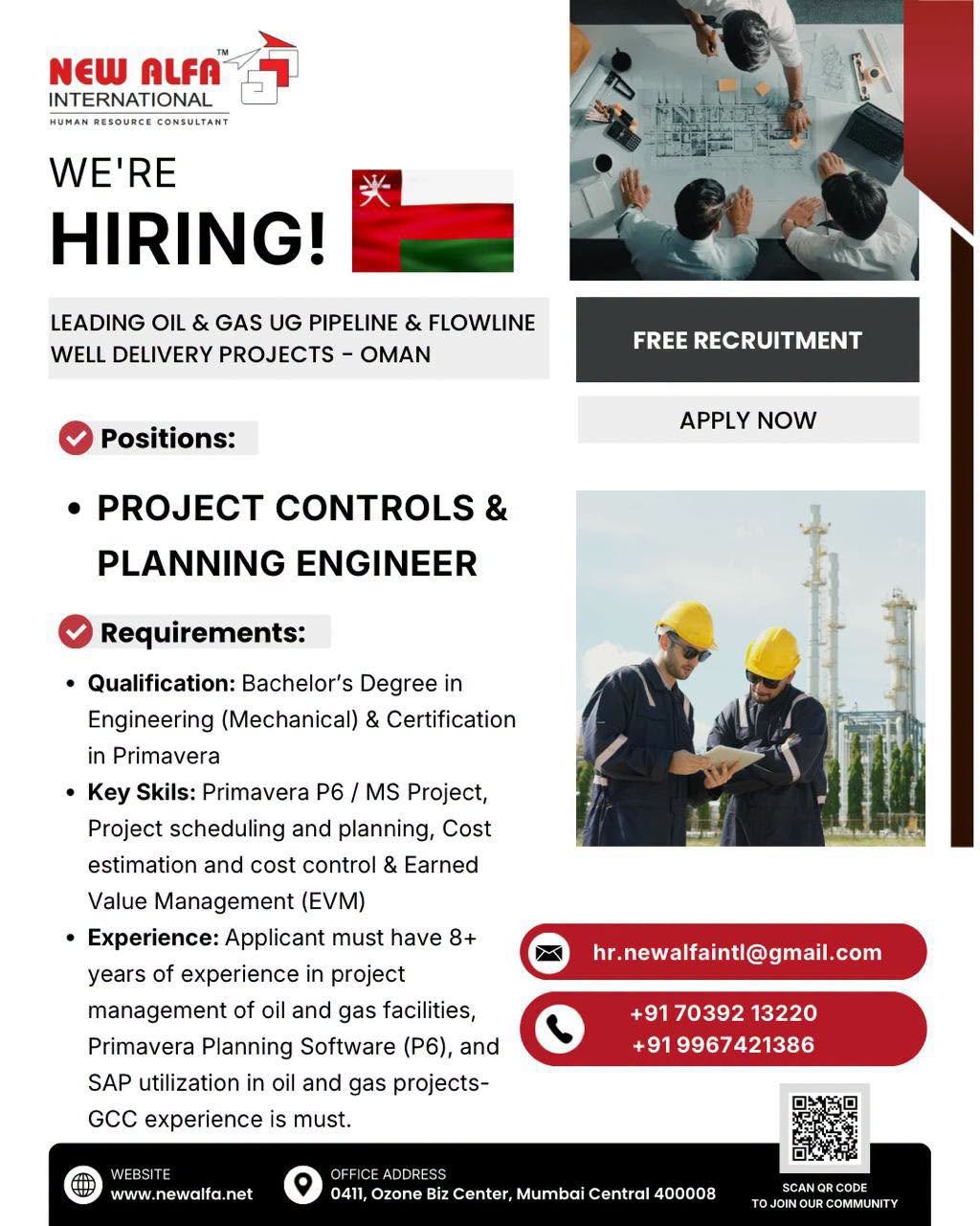 Oman : Hiring Project Controls & Planning Engineer