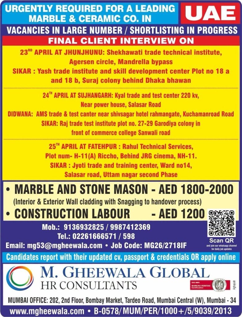 Urgent UAE Jobs for Marble & Ceramic Company 