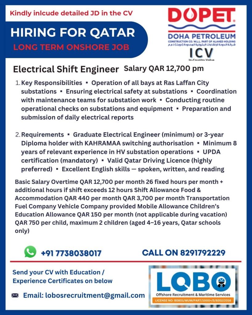 Electrical Shift Engineer Jobs in Qatar 2026 – Long-Term Onshore Opportunity | Apply Now