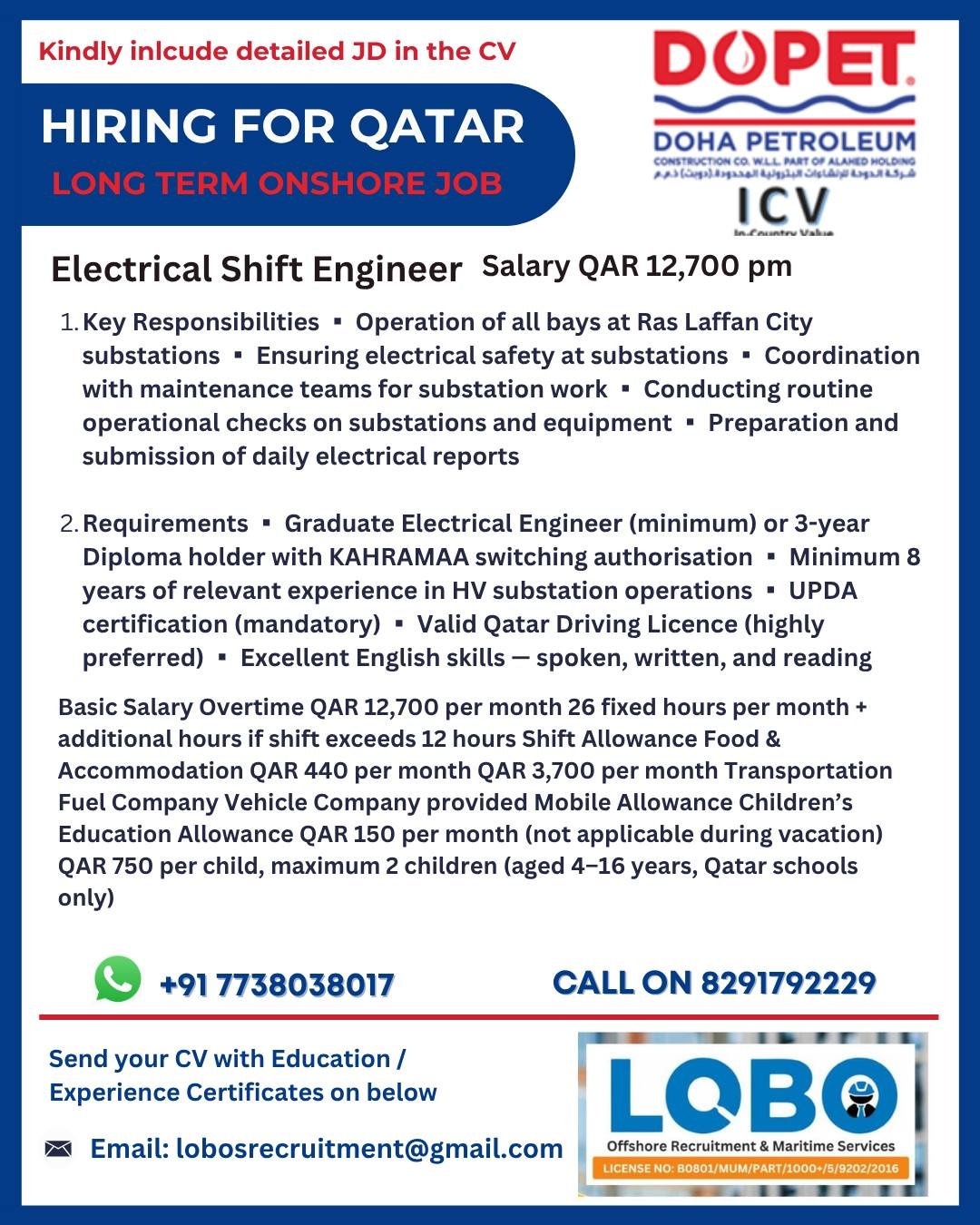 Electrical Shift Engineer Jobs in Qatar 2026 – Long-Term Onshore Opportunity | Apply Now