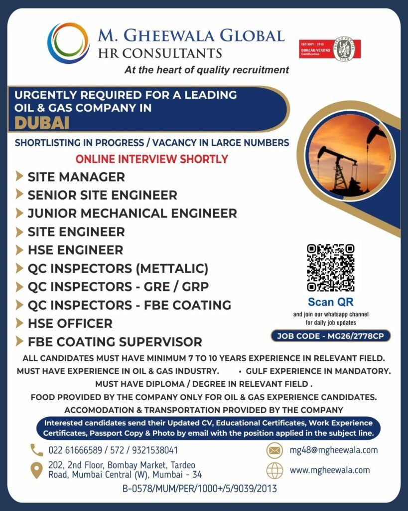 Urgent Oil & Gas Jobs in Dubai – Apply for Multiple Engineering & HSE Roles (Online Interviews Soon)