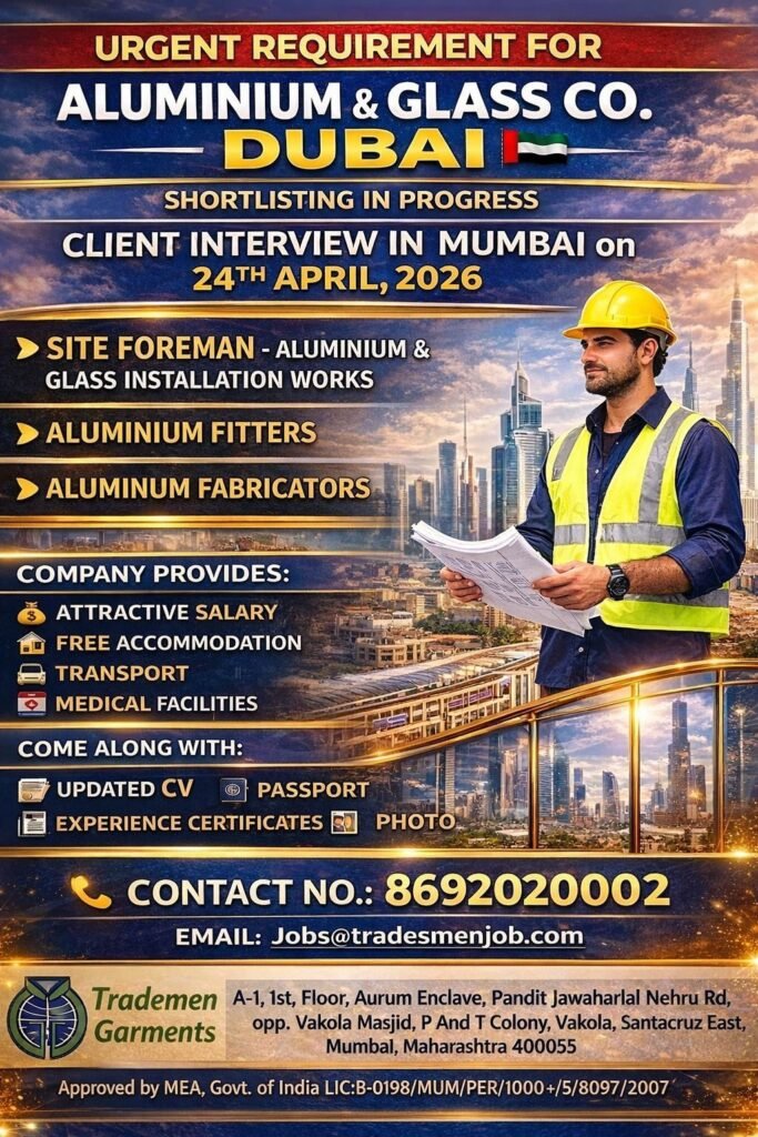 Urgent Jobs in Dubai for Aluminium & Glass Company – Apply Now