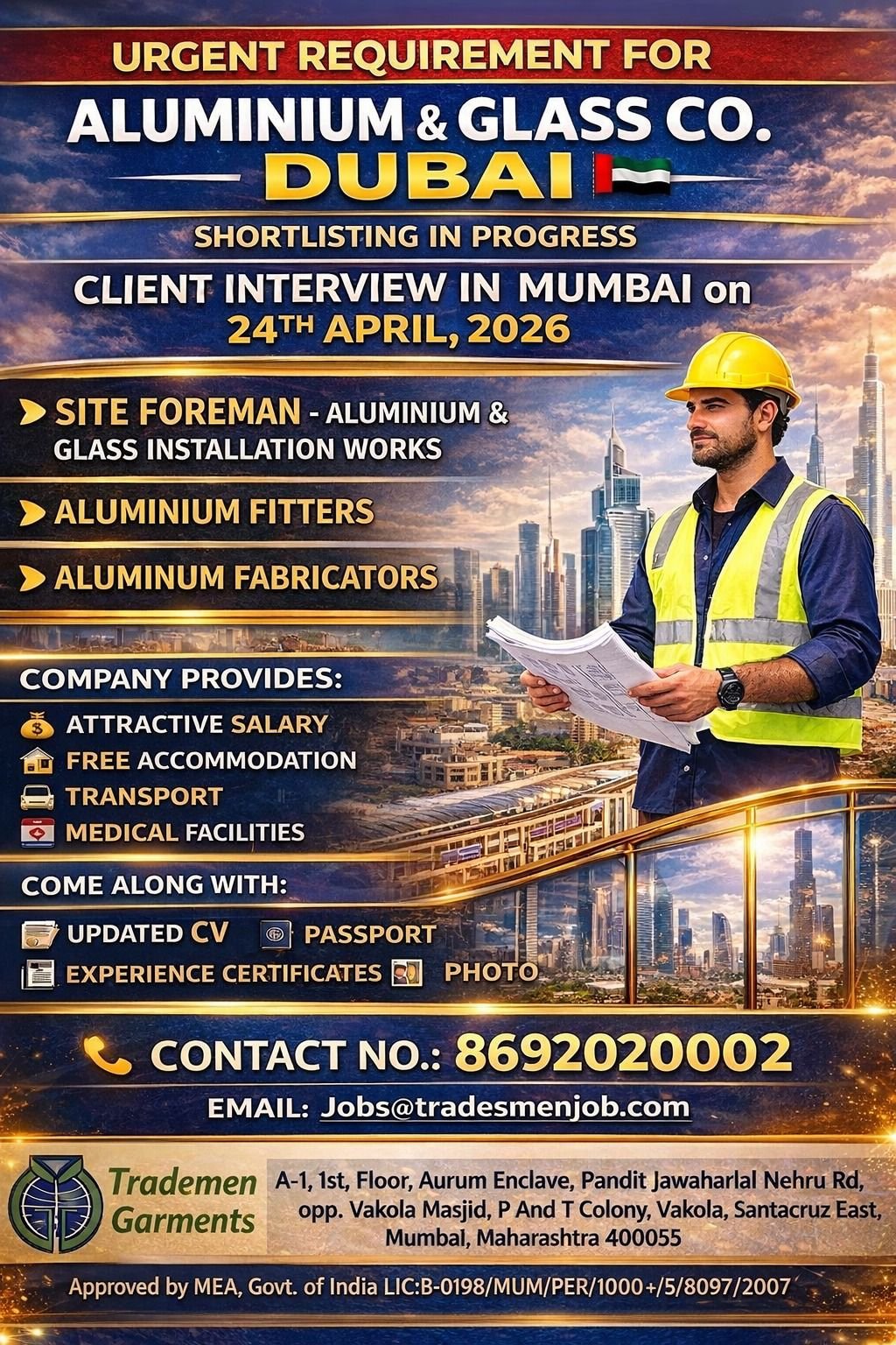 Urgent Jobs in Dubai for Aluminium & Glass Company – Apply Now