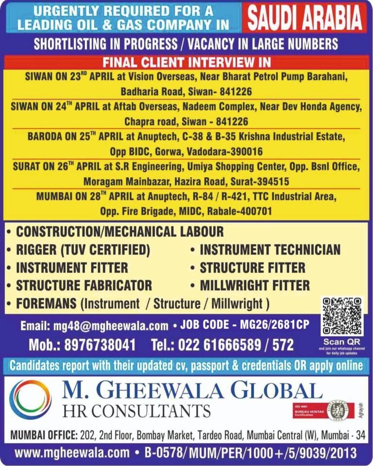 Saudi Arabia Oil & Gas Jobs 2026 | Construction Vacancies