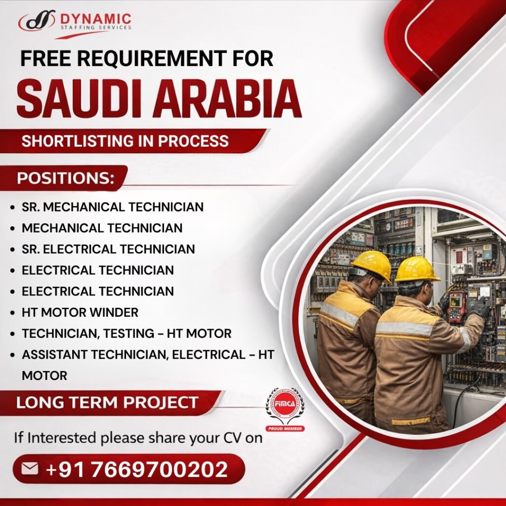 Saudi Arabia : Free recruitment for multiple technician roles in a reputed company