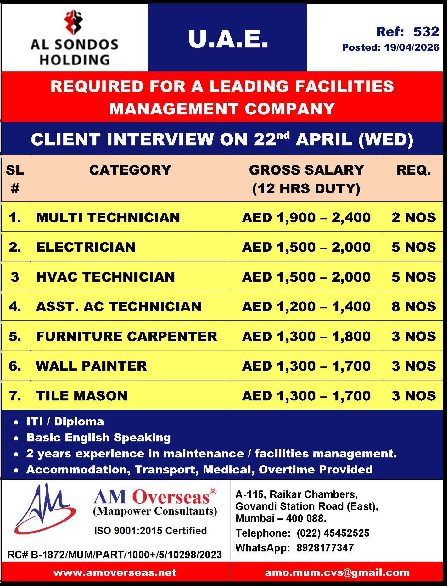 UAE Al Sondos Holding Facilities Management Jobs 2026 – Free Recruitment 