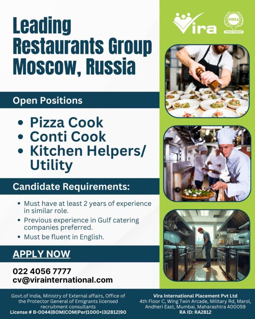 hiring for a Leading Restaurant Group in Moscow, Russia