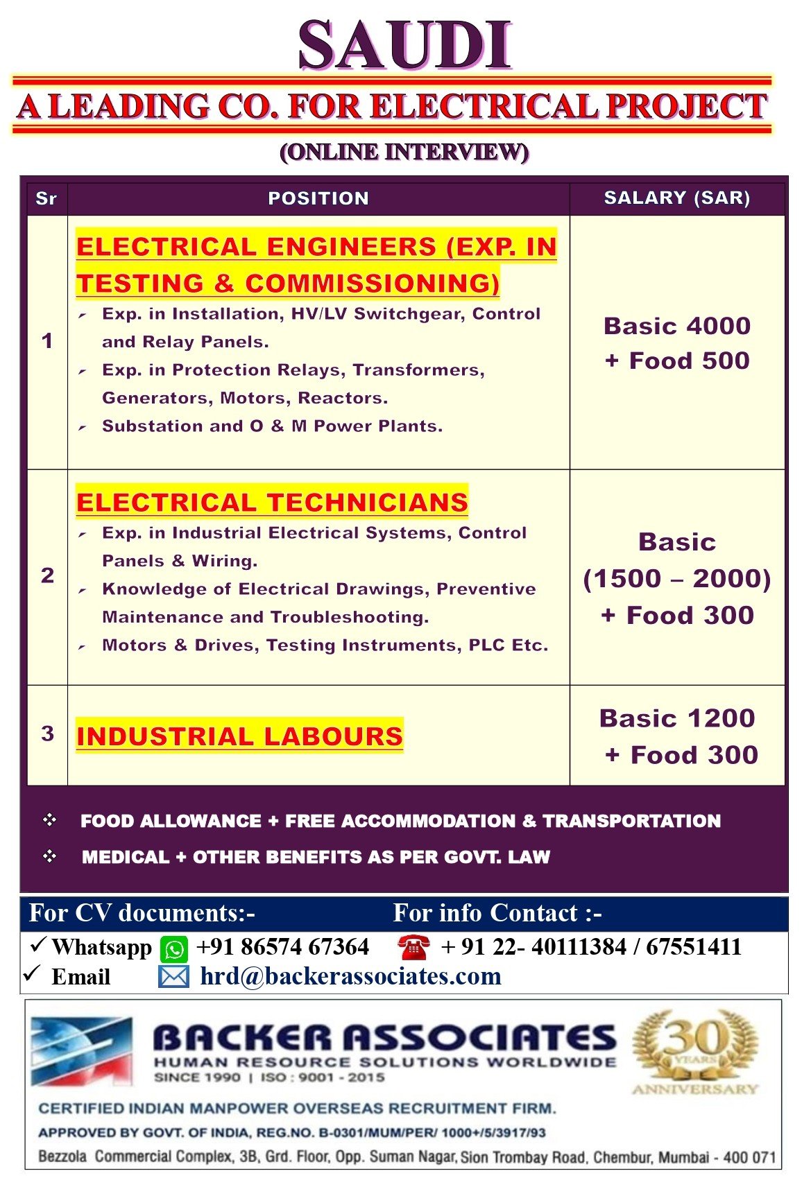 Saudi Arabia : Hiring For Electrical Project