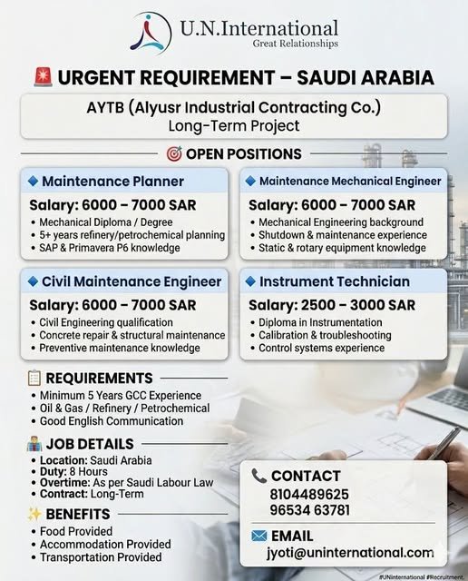 Urgent recruitment drive for AYTB (Alyusr Industrial Contracting Co.) for a long-term project in Saudi Arabia. 