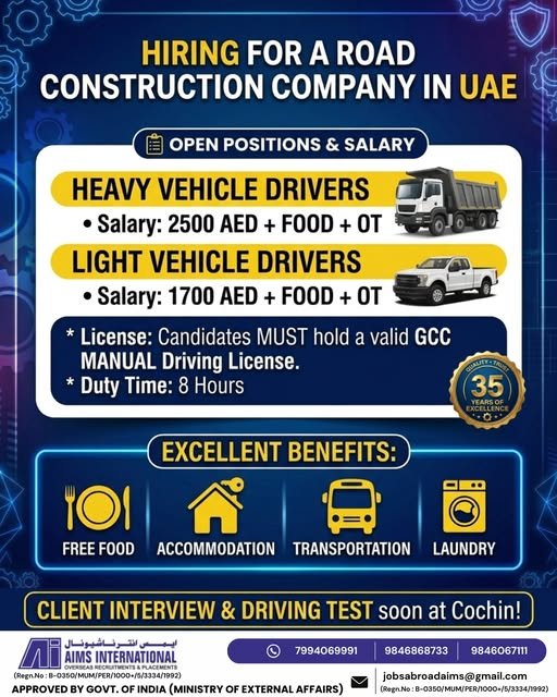 UAE : Urgently recruiting experienced drivers for a Leading Road Construction Company