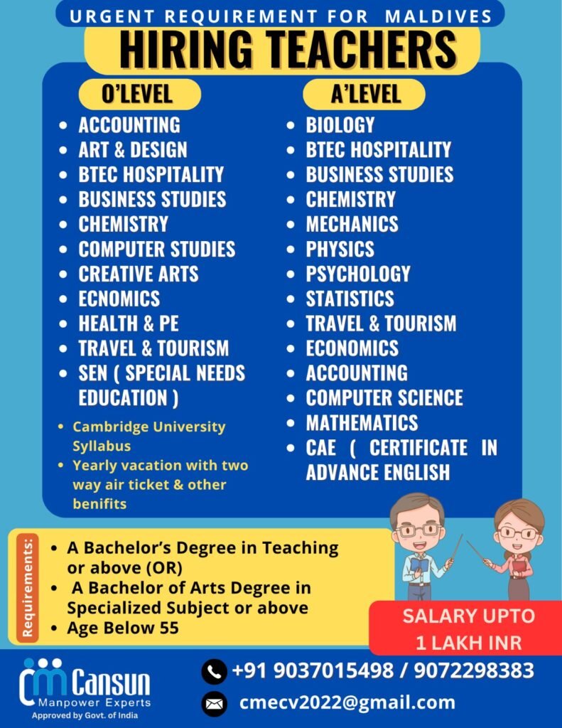 Maldives Teaching Jobs 2026: O Level & A Level Teachers Required – Salary Up to 1 Lakh INR