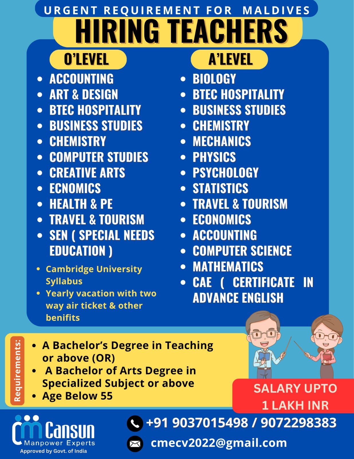 Maldives Teaching Jobs 2026: O Level & A Level Teachers Required – Salary Up to 1 Lakh INR