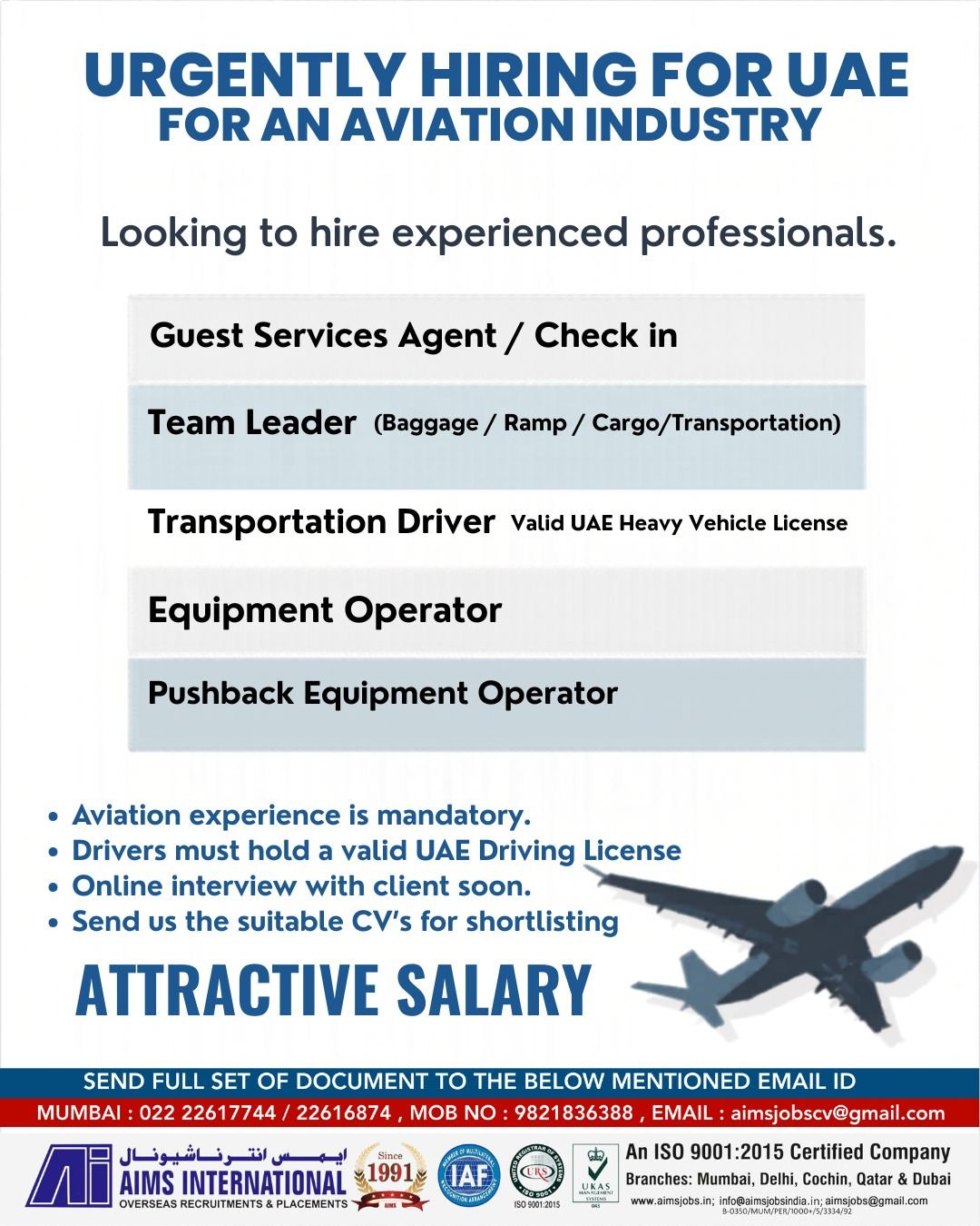 UAE Aviation Jobs 2026 – Airport Ground Staff, Drivers & Equipment Operators Hiring | Apply Now