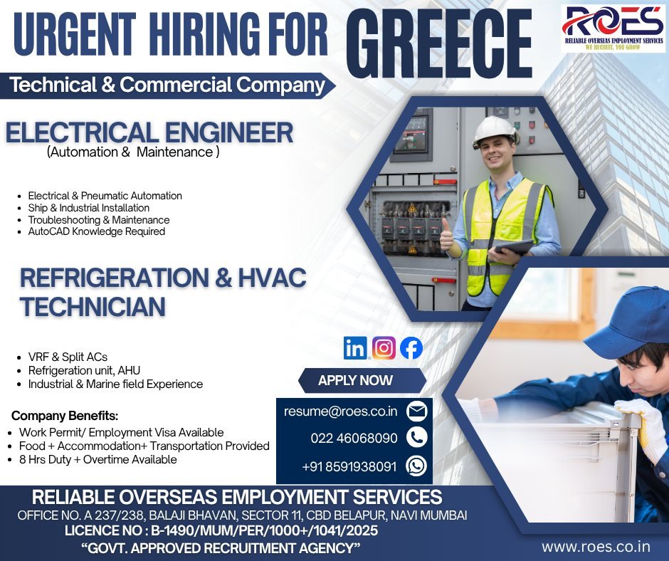 Urgent Hiring for Greece 2026 – Electrical Engineers & HVAC Technicians | Apply Now