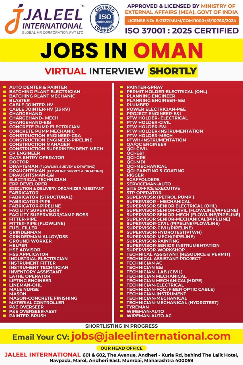 Jobs in Oman 2026 – Urgent Hiring for Skilled, Technical & Engineering Roles | Apply Now