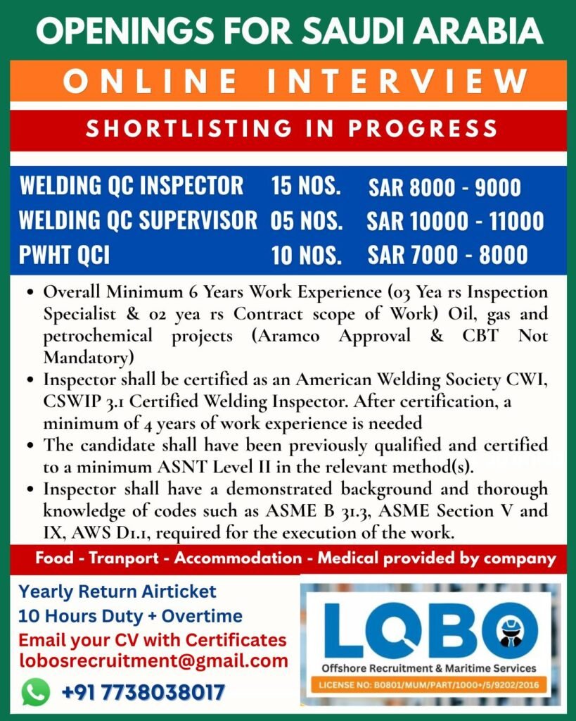 Saudi Arabia Welding QC Jobs 2026: Inspectors & Supervisors Required – Online Interview Ongoing