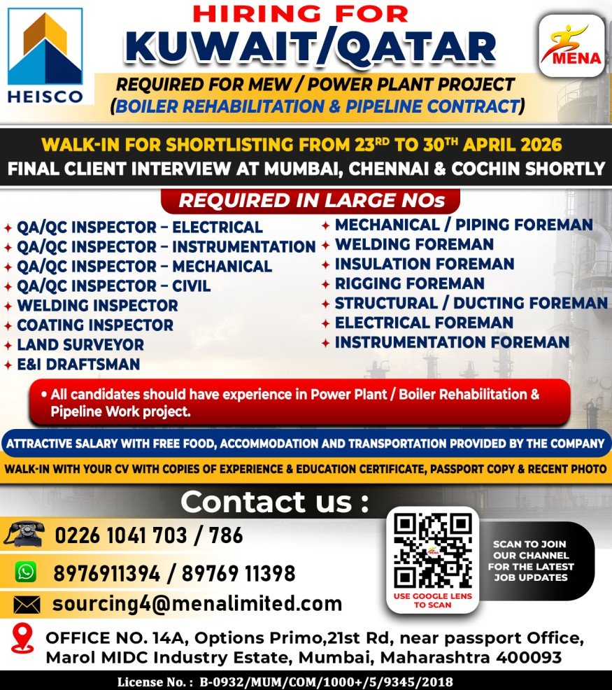 Hiring for Kuwait & Qatar - MEW/Power Plant Project (Boiler Rehabilitation & Pipeline Contract)