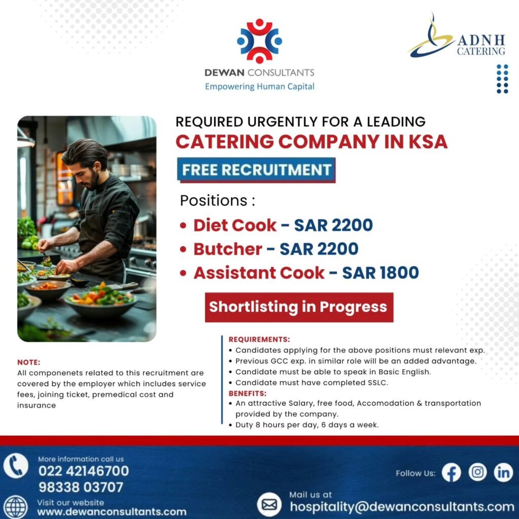 Hiring For ADNH Catering Saudi Arabia