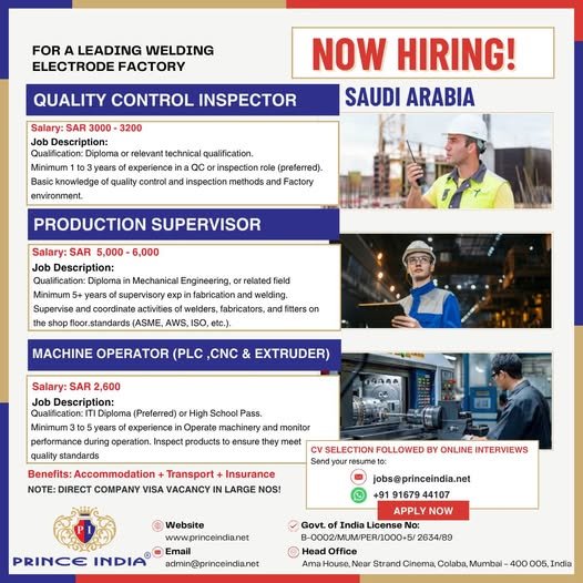 Urgent Hiring for Welding Electrode Factory in Saudi Arabia – Apply Now for Multiple Positions