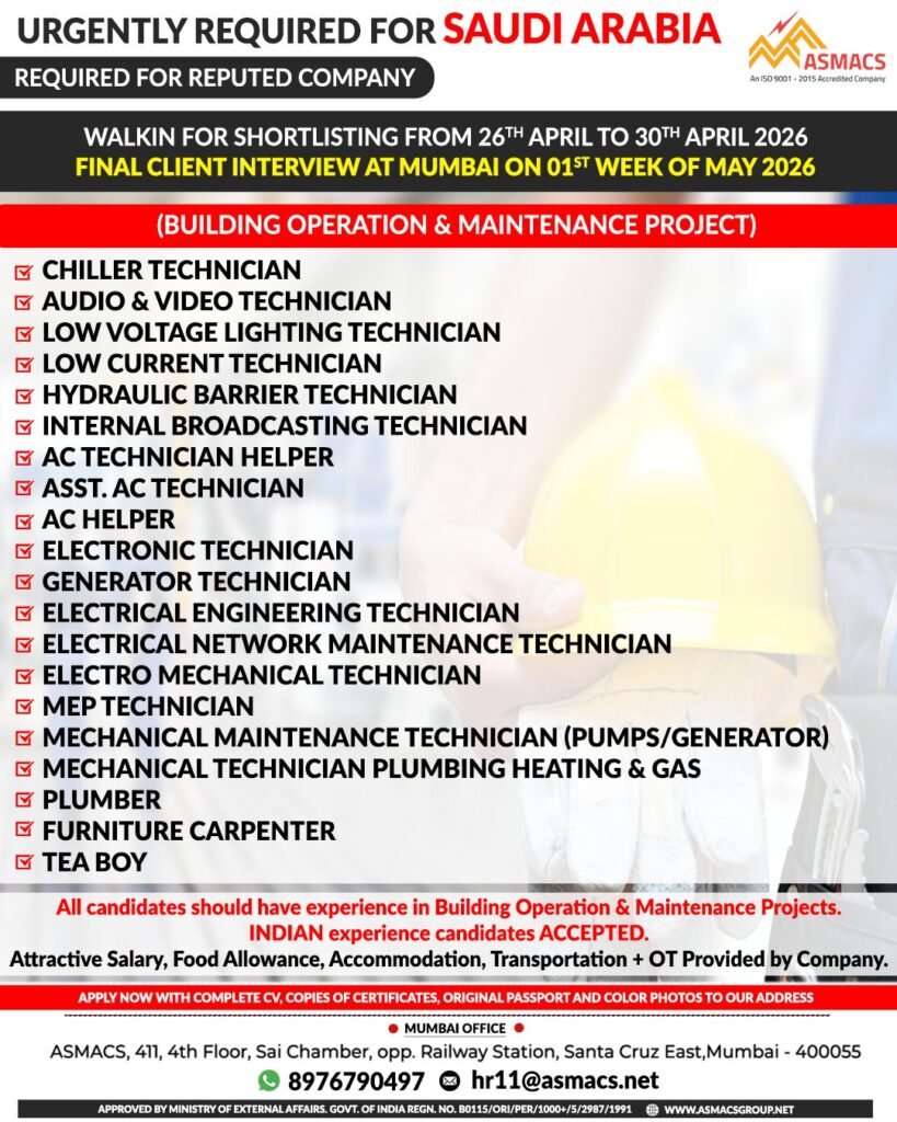 Saudi Arabia Jobs 2026: Building Maintenance Technicians Hiring | Walk-in Interview Mumbai
