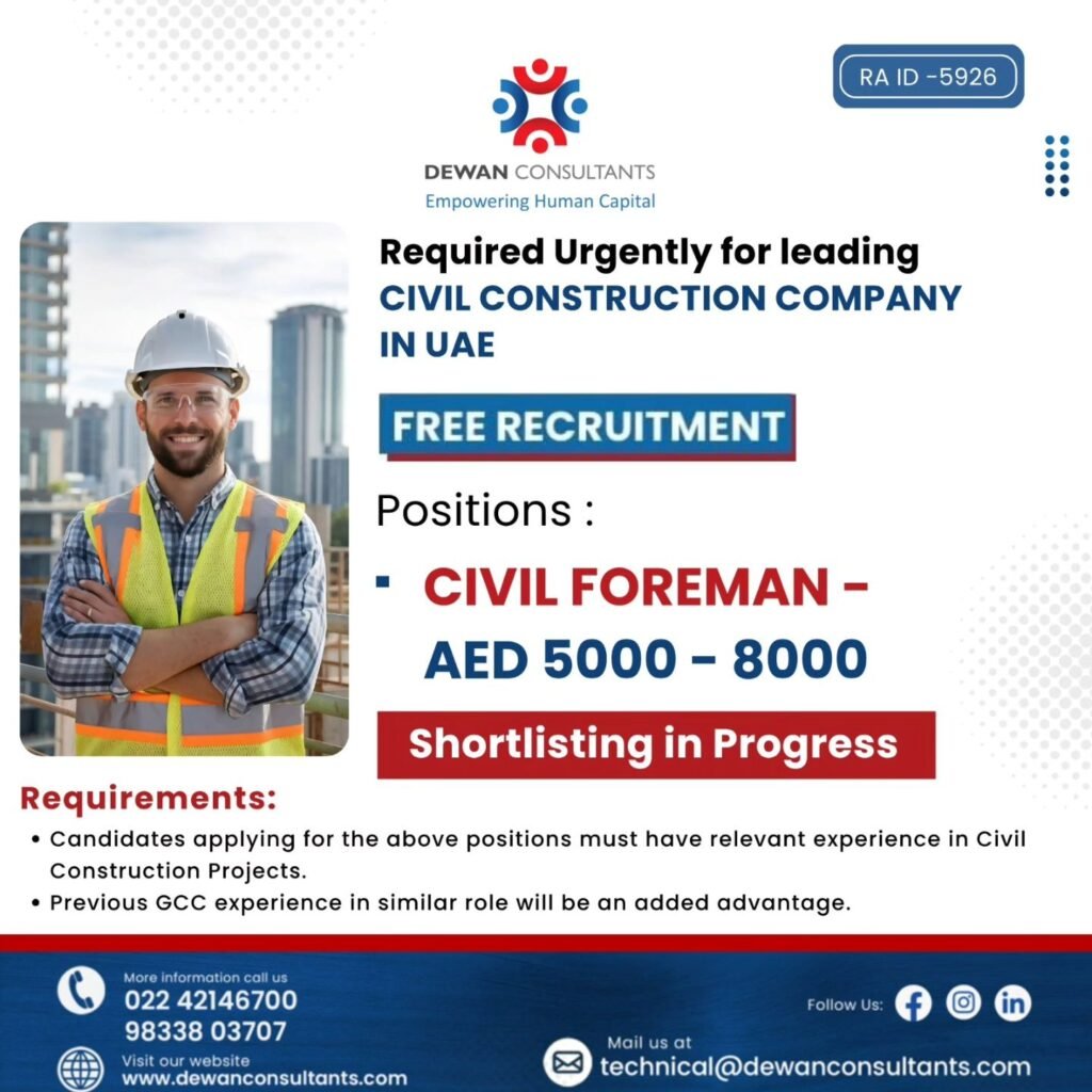 UAE : Hiring Civil Foreman For Construction Company