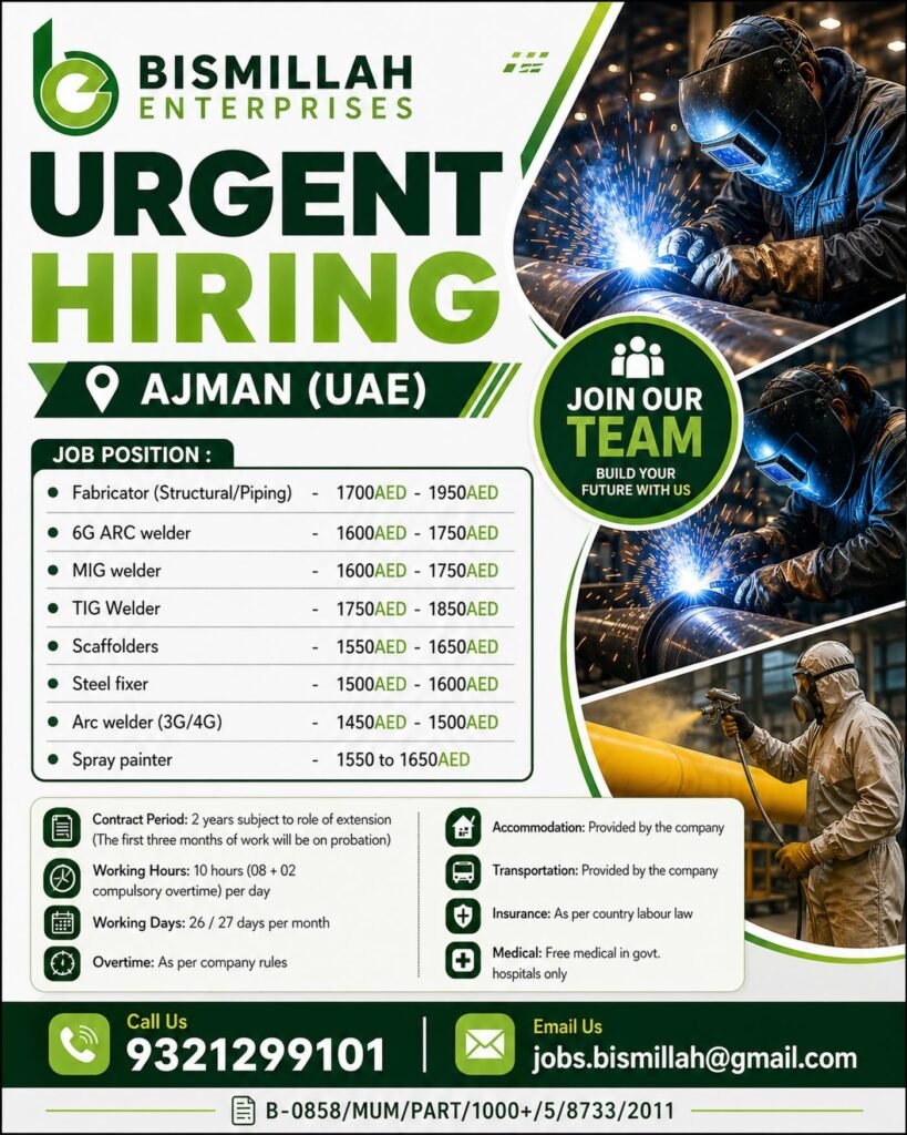 Urgent Hiring for Ajman (UAE) - Multiple vacancies