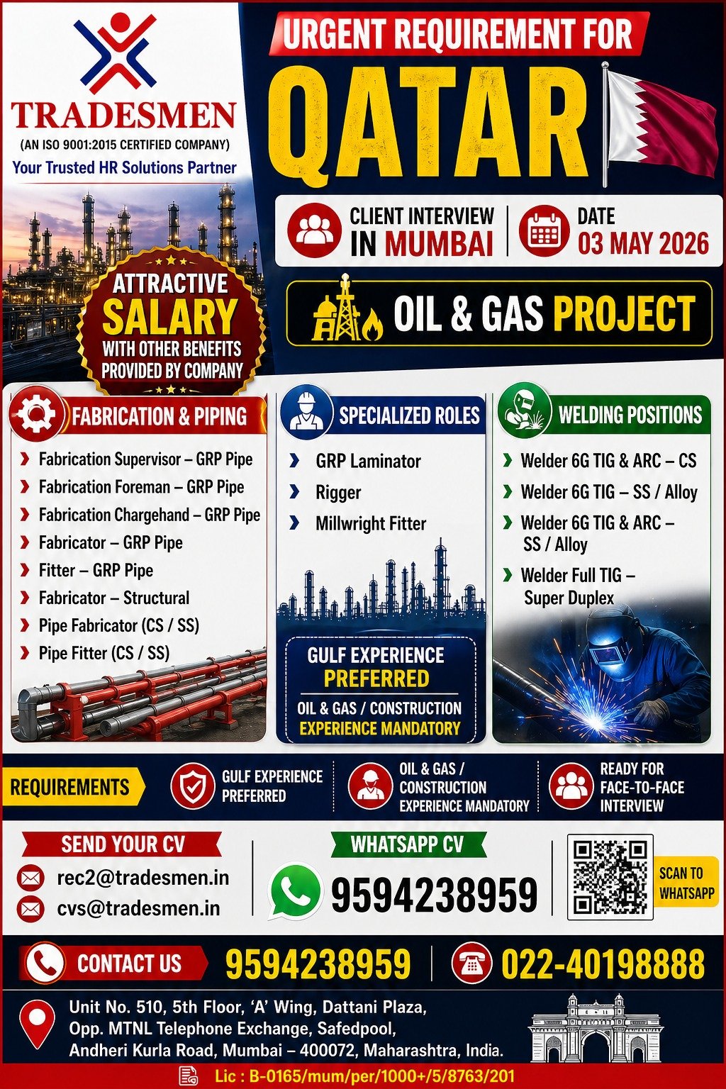 Urgent Oil & Gas Jobs in Qatar – Interview on 03 May 2026