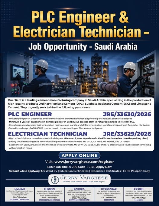 Hiring PLC Engineer & Electrician Technician for Saudi Arabia