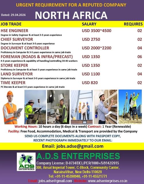 North Africa Jobs 2026 – Urgent Hiring for Engineers, Surveyors & Construction Staff