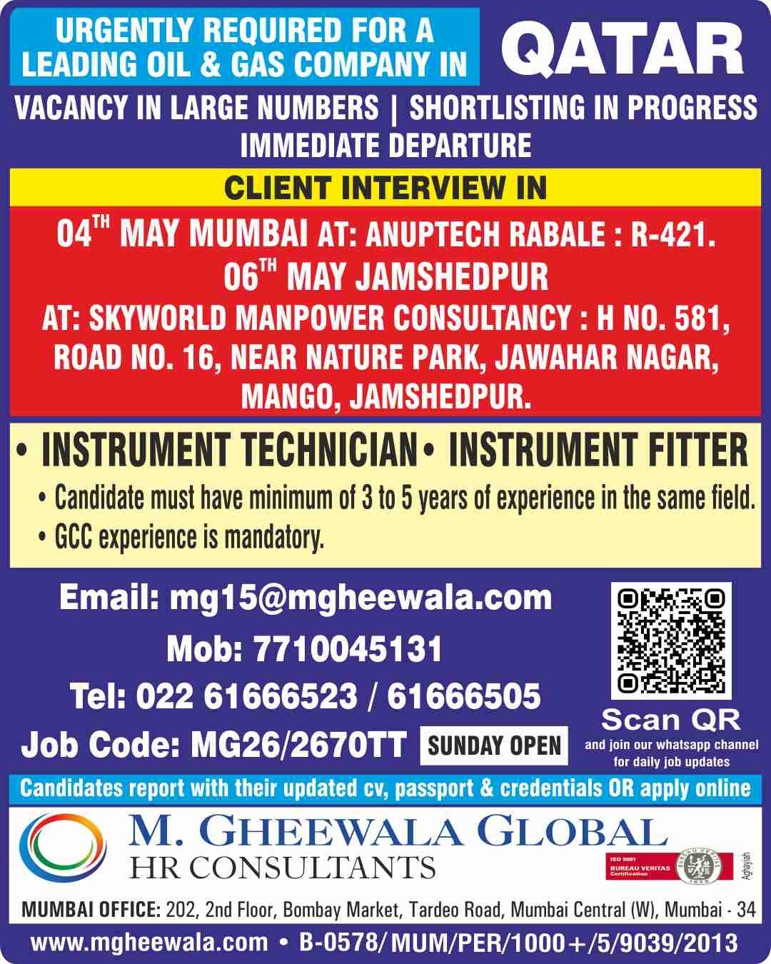 Qatar Oil & Gas Jobs 2026: Instrument Technicians & Fitters Required – Immediate Departure