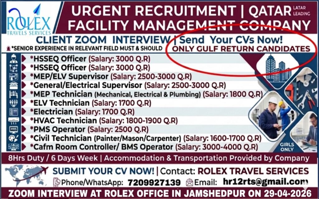 Qatar Facility Management Jobs 2026: MEP, HVAC, Electricians & BMS Operators Hiring | Zoom Interview