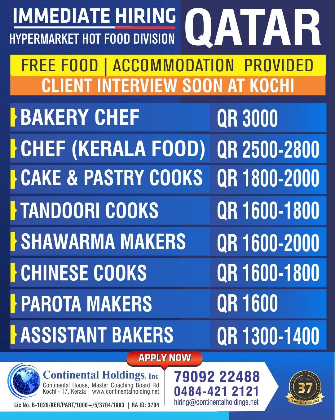 hiring for Qatar Hypermarket Hot Food Division 